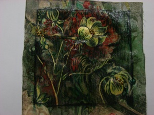 Paints, glue and beads lend drama to a floral fabric